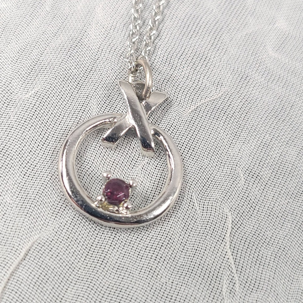 Silver Tone Garnet Necklace Red Circle X Pendant Geometric Jewelry